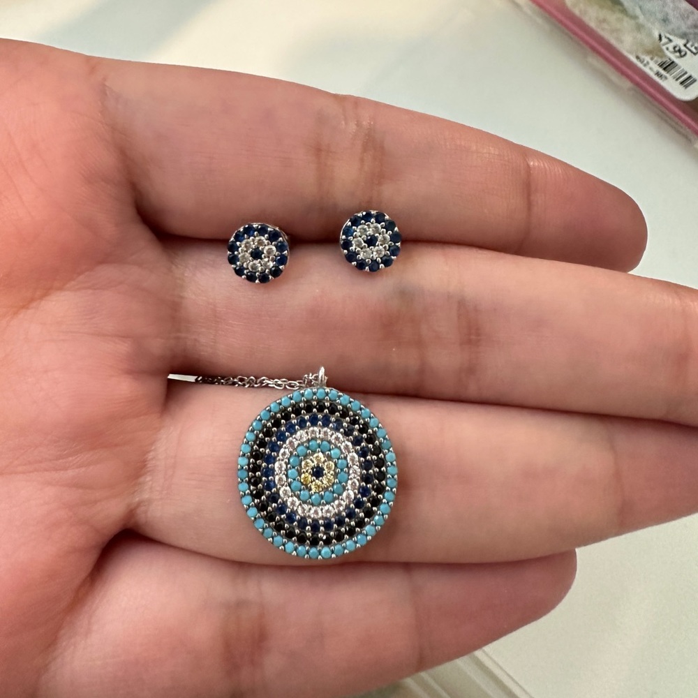 925 Sterling Silver evil eye necklace with earrings